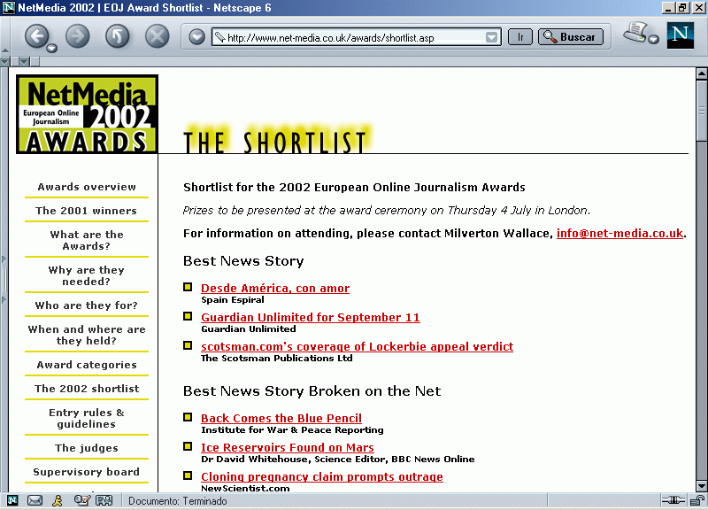 Pressnet en la Relación de Nominados a los Premios NetMedia 2002 (En Inglés) A