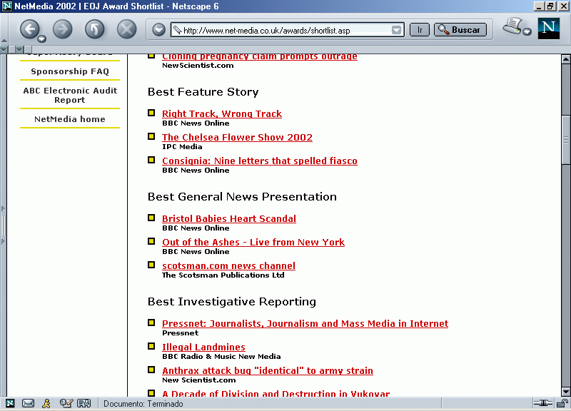 Pressnet en la Relacin de Nominados a los Premios NetMedia 2002 (En Ingls) B