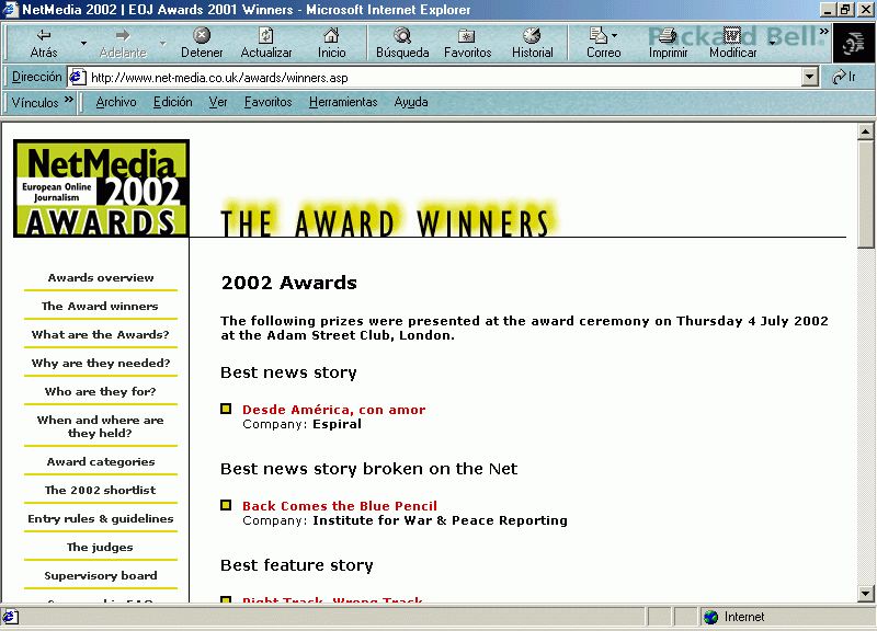 Pressnet en la Relacin de Ganadores de los Premios NetMedia 2002 (En Ingls) A