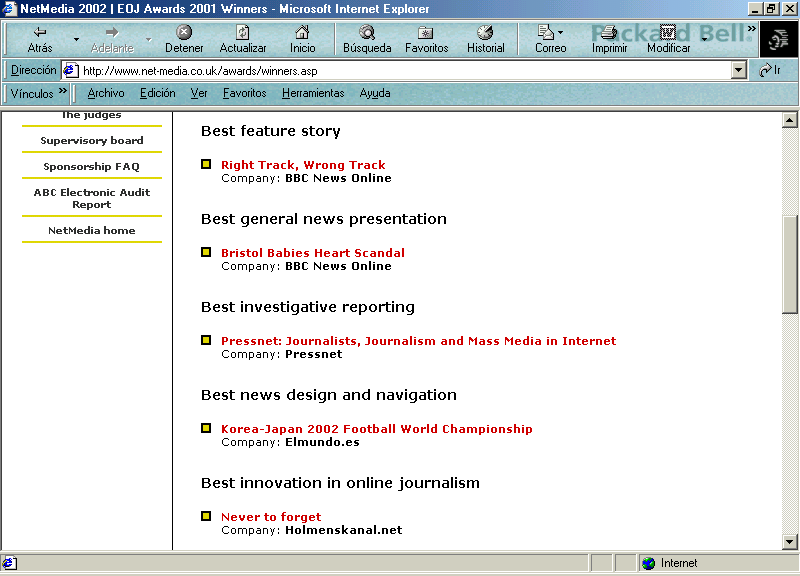 Pressnet en la Relacin de Ganadores de los Premios NetMedia 2002 (En Ingls) B