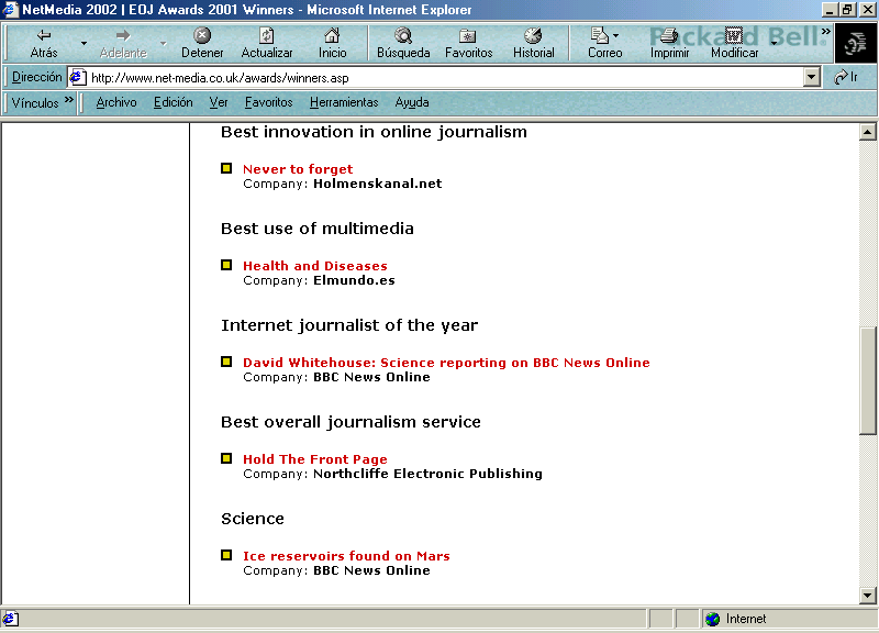 Pressnet en la Relacin de Ganadores de los Premios NetMedia 2002 (En Ingls) C
