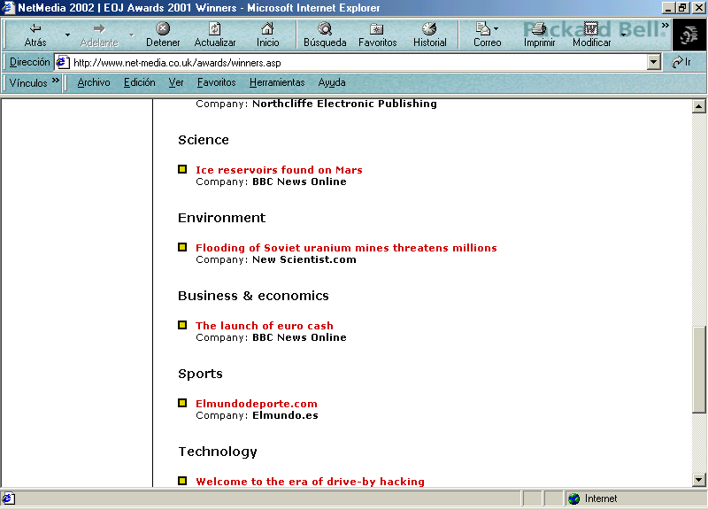 Pressnet en la Relacin de Ganadores de los Premios NetMedia 2002 (En Ingls) D
