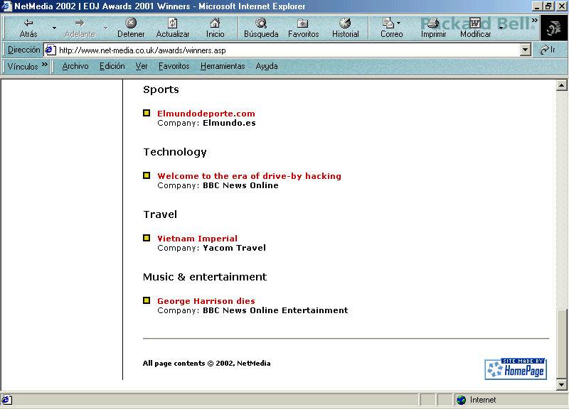 Pressnet en la Relacin de Ganadores de los Premios NetMedia 2002 (En Ingls) E