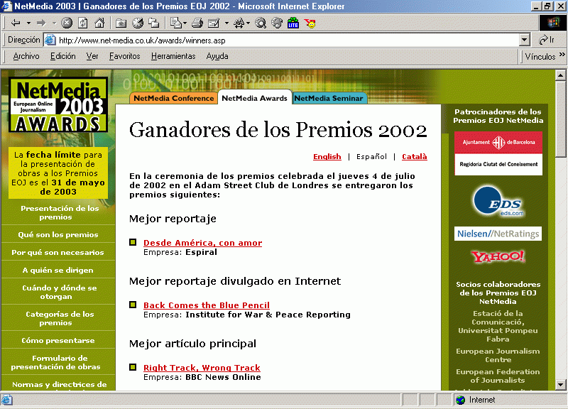 Pressnet en la Relación de Ganadores de los Premios NetMedia 2002 (En Español) A