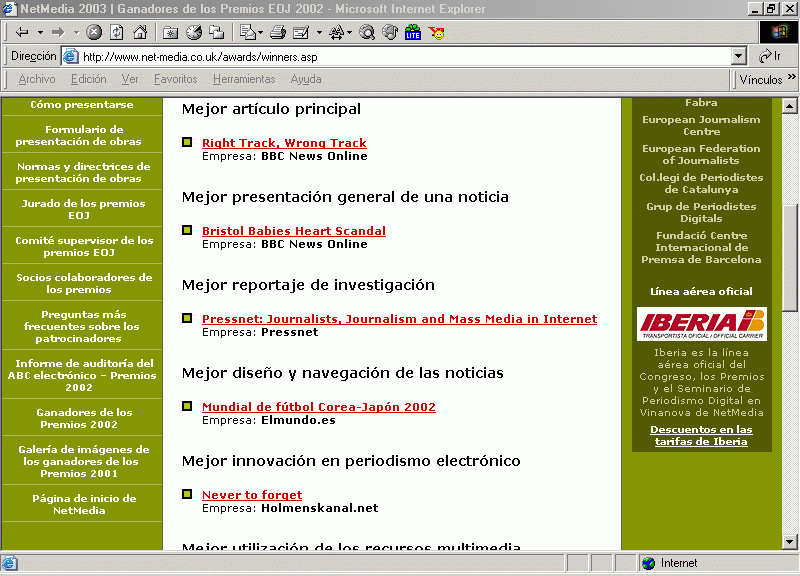 Pressnet en la Relacin de Ganadores de los Premios NetMedia 2002 (En Espaol) B