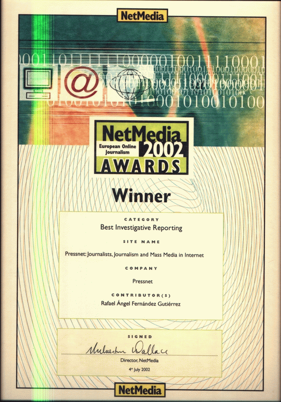 Pressnet Ganador de los Premios NetMedia 2002. Certificacin de Premiado