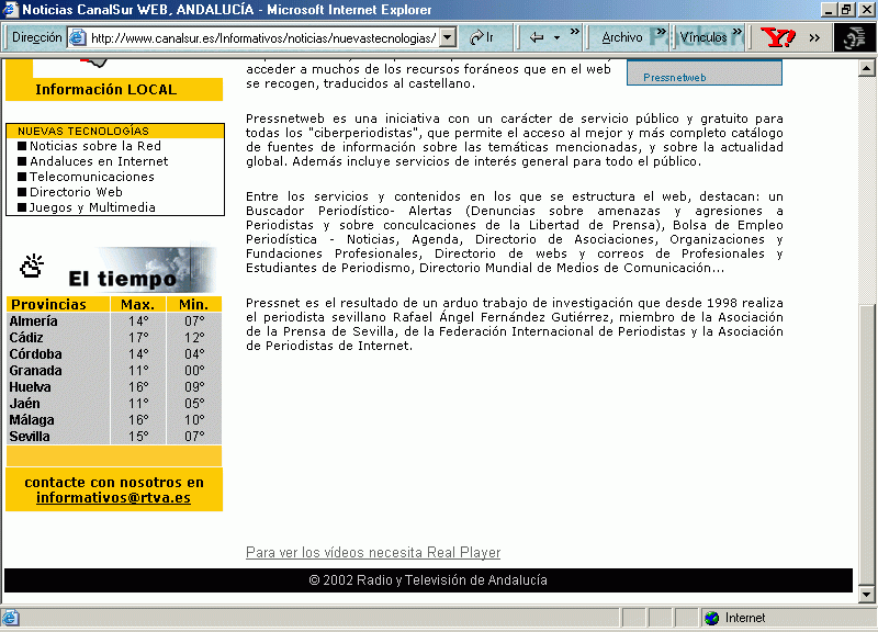 Canal Sur Web - Radio y Televisin de Andaluca (14-01-2002) B / Pulse Aqu para Visitar su Web