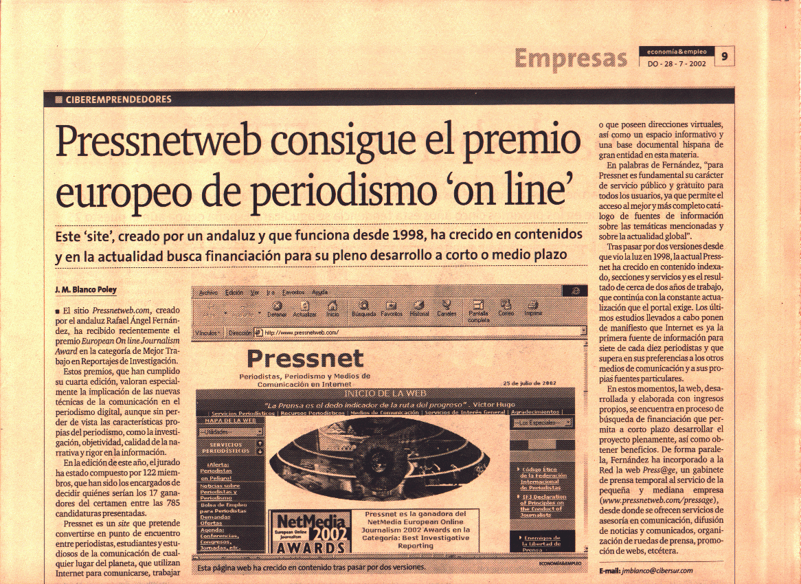 Diario de Sevilla (Suplemento de Economía y Empleo) (28 de Julio de 2002) / Pulse Aquí para Visitar su Web