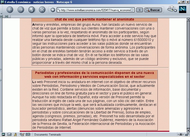 Grupo Estrella Digital: Estrella Econmica A (14 de Abril de 2002) / Pulse Aqu para Visitar su Web