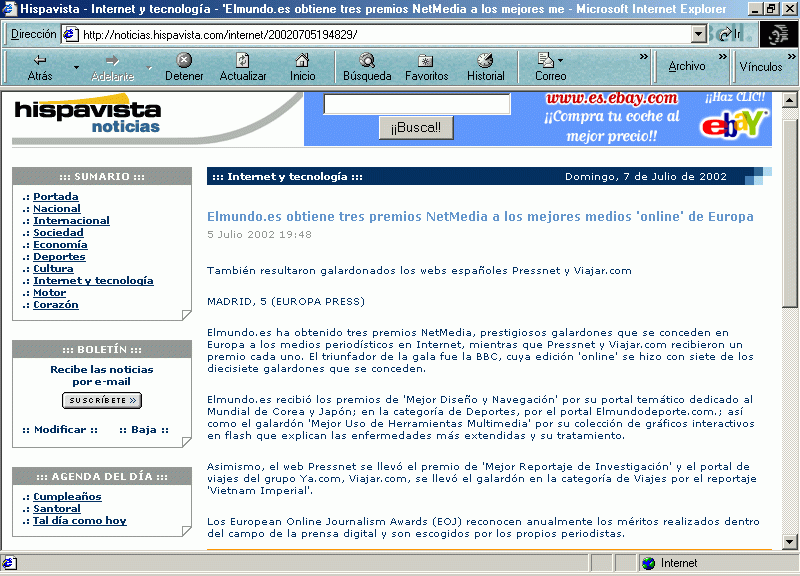 Hispavista Noticias (5 de Julio de 2002) / Pulse Aqu para Visitar su Web