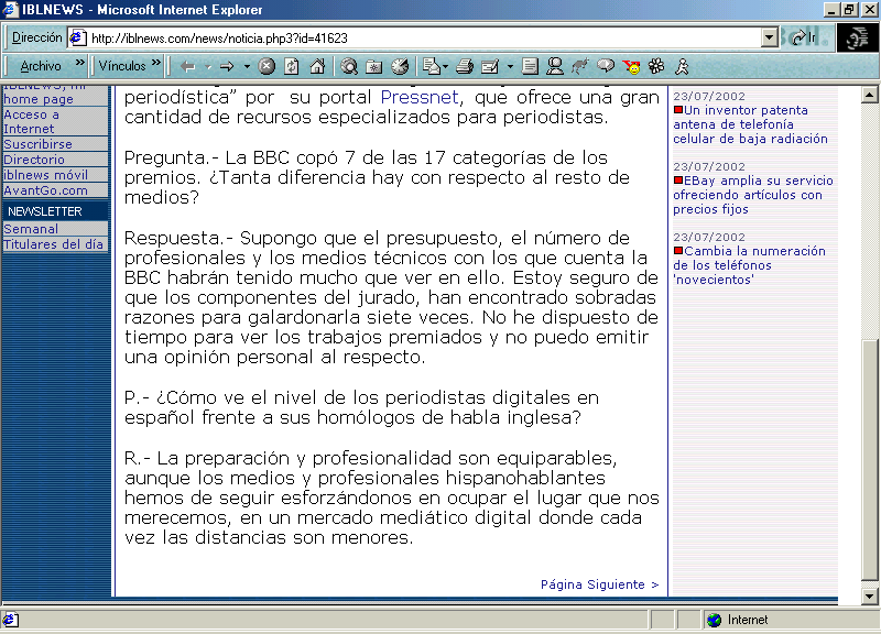 IBLNews (B) (23 de Julio de 2002) / Pulse Aqu para Visitar su Web