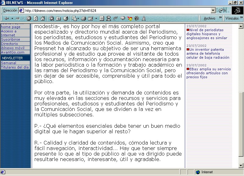 IBLNews (D) (23 de Julio de 2002) / Pulse Aqu para Visitar su Web