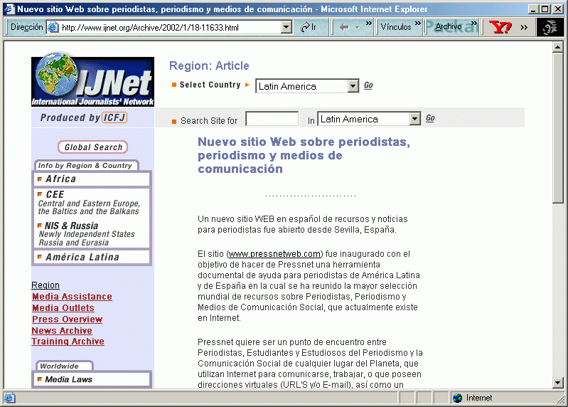 International Journalists' Network (14-01-2002) A / Pulse Aqu para Visitar su Web