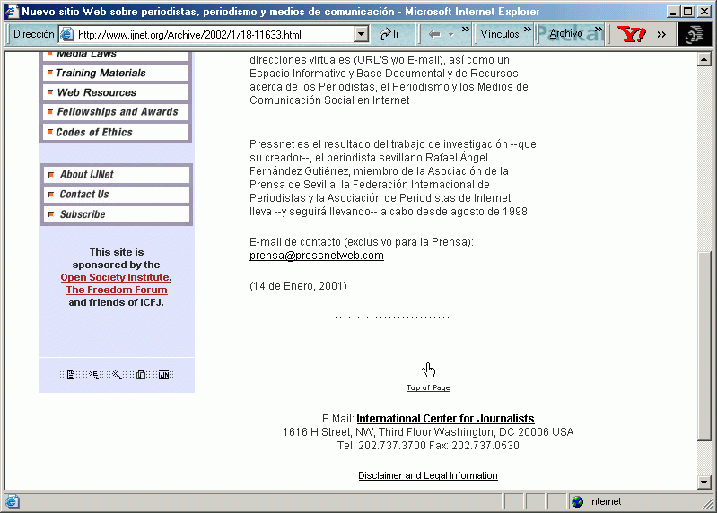 International Journalists' Network (14-01-2002) B / Pulse Aqu para Visitar su Web
