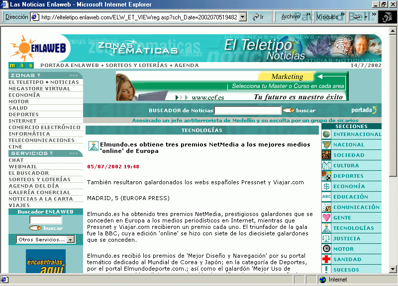 Las Noticias Enlaweb (A) (5 de Julio de 2002) / Pulse Aqu para Visitar su Web