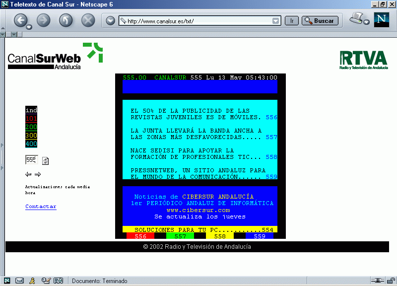 Teletexto de Canal Sur Televisin. Seccin Internet: Portada (Semana del 9 al 15 de Mayo de 2002) / Pulse Aqu para Visitar su Web