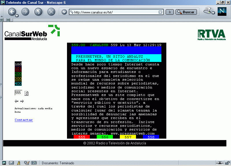 Teletexto de Canal Sur Televisin. Seccin Internet: Texto: Pg. 559 (Semana del 9 al 15 de Mayo de 2002) / Pulse Aqu para Visitar su Web