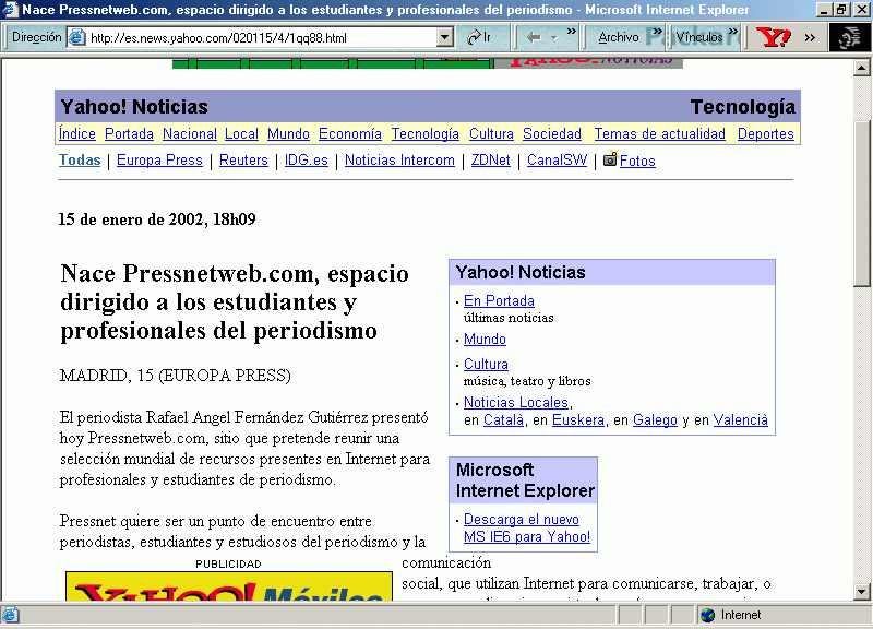 Yahoo! - Europa Press (14-01-2002) A / Pulse Aqu para Visitar su Web (Yahoo!)