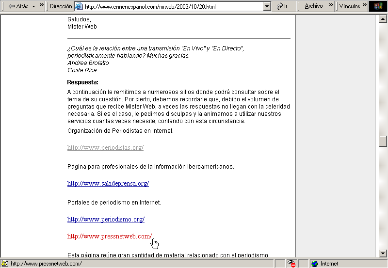 Mr. Web CNN en Espaol (20-10-2003) / Pulse Aqu para Visitar su Web