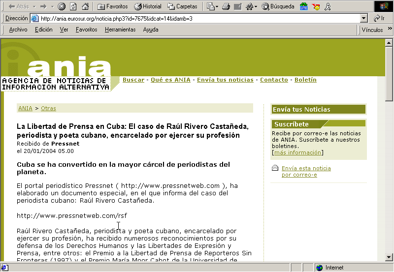 ANIA Agencia de Noticias (A) (20-01-2004) / Pulse Aqu para Visitar su Web