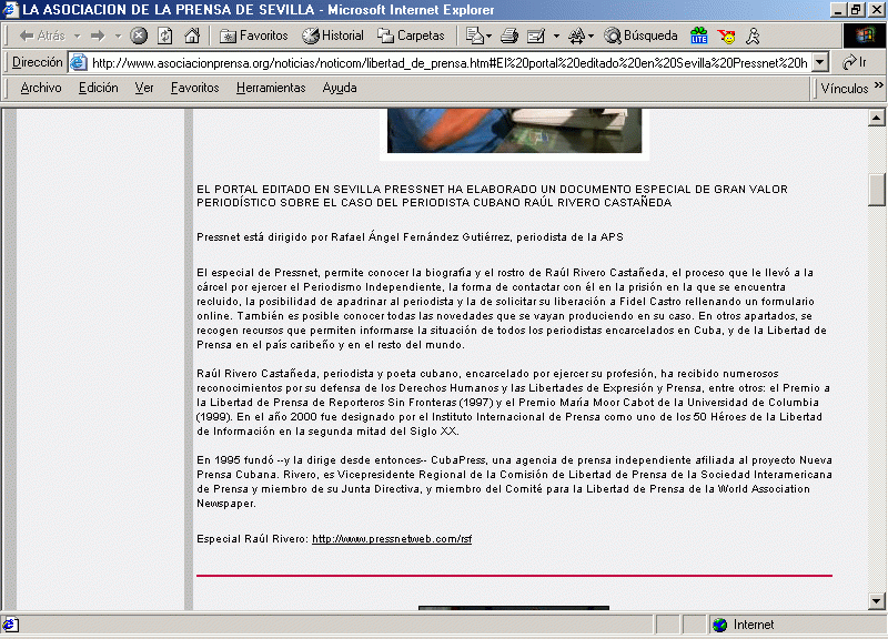 Asociacin de la Prensa de Sevilla: Noticias sobre Libertad de Prensa (B) (28-01-2004) / Pulse Aqu para Visitar su Web