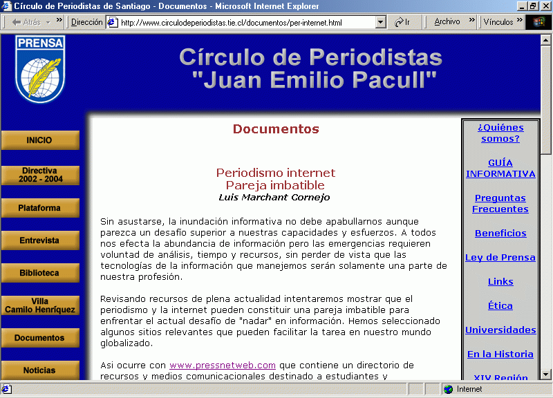 Crculo de Periodistas de Santiago de Chile: Documentos (02-2004) A / Pulse Aqu para Visitar su Web