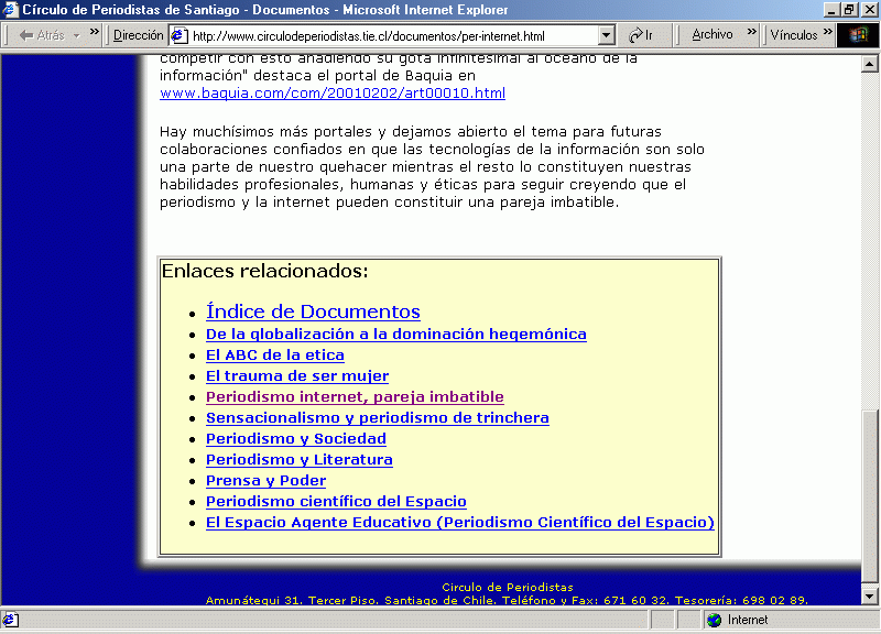 Crculo de Periodistas de Santiago de Chile: Documentos (02-2004) C / Pulse Aqu para Visitar su Web
