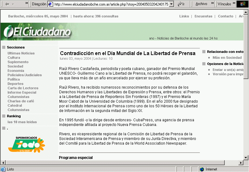 El Ciudadano de Bariloche (03-05-2004) A / Pulse Aqu para Visitar su Web