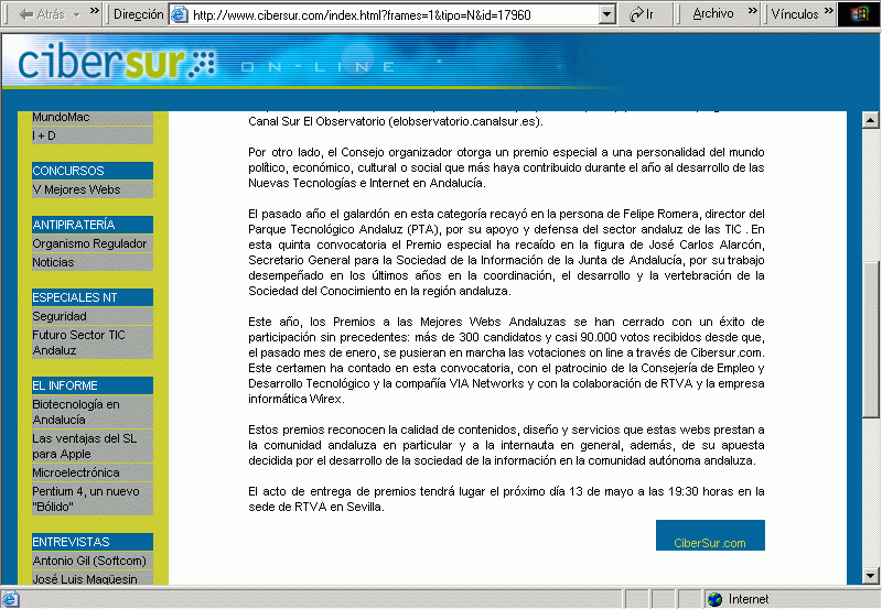 Cibersur (07-05-2004) Noticia (B) / Pulse Aqu para Visitar su Web