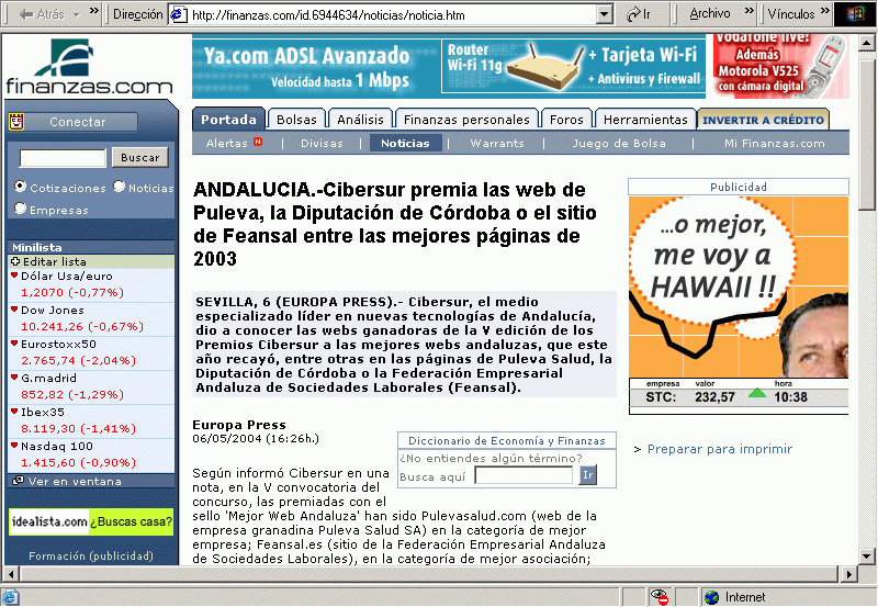 Finanzas com (06-05-2004) A / Pulse Aqu para Visitar su Web