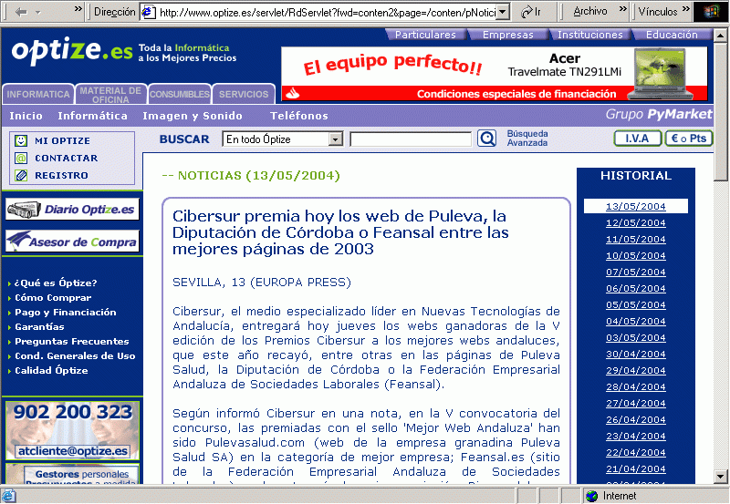 Optize (13-05-2004) A / Pulse Aqu para Visitar su Web