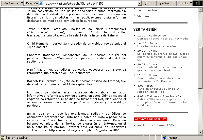 Reporteros Sin Fronteras (20-10-2004) B / Pulse Aqu para Visitar su Web