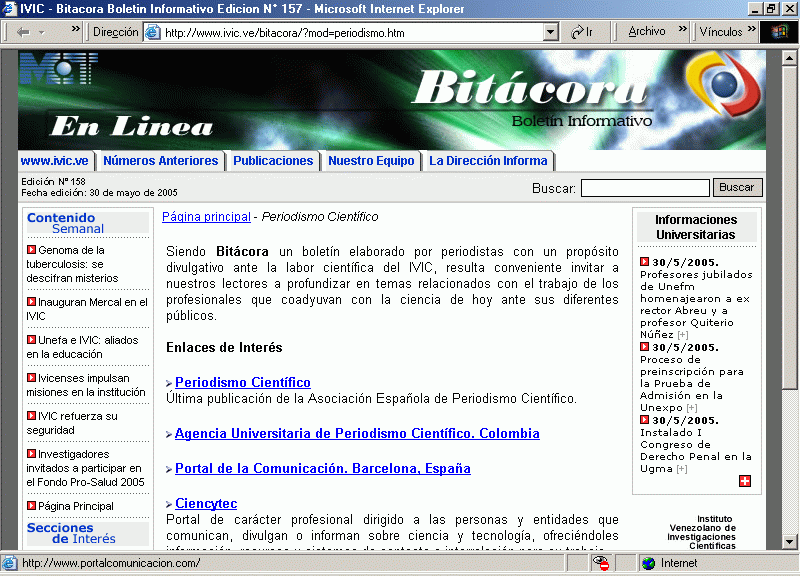 Bitcora (N 157): Boletn Informativo del Instituto Venezolano de Investigaciones Cientficas (IVIC) (05-2005) (A) / Pulse Aqu para Visitar su Web