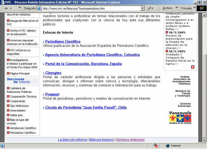 Bitcora (N 157): Boletn Informativo del Instituto Venezolano de Investigaciones Cientficas (IVIC) (05-2005) (B) / Pulse Aqu para Visitar su Web