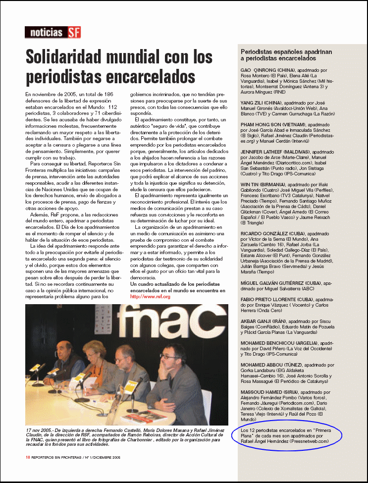 Revista de Reporteros Sin Fronteras RSF (Seccin Espaola). n 1. (12-2005)  - Pgina de la Revista de Reporteros Sin Fronteras / Pulse Aqu para Visitar su Web