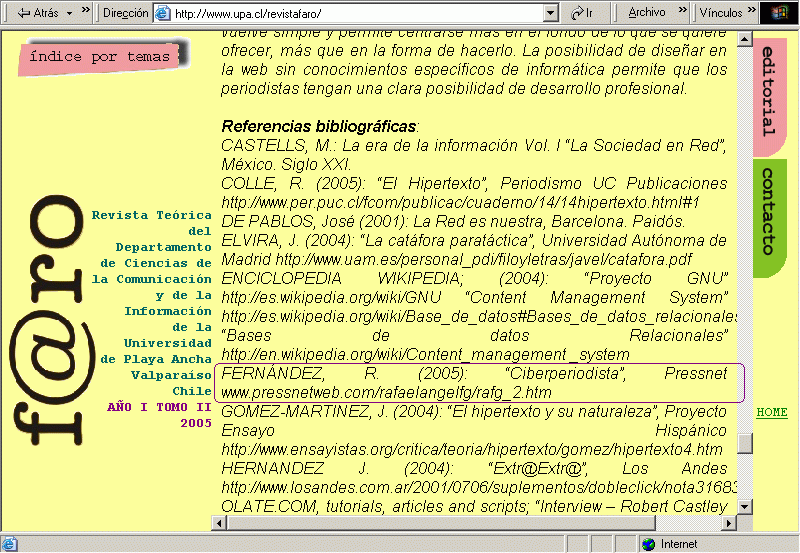 Revista Faro. Departamento de Ciencias de la Comunicacin y de la Informacin UPLA (2005) (B) / Pulse Aqu para Visitar su Web